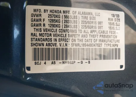 2004 Honda Odyssey Exl from USA, damaged, VIN 5FNRL18944B047627